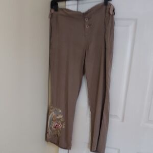 Da-Nang Khaki Colored Silk Cargo Pants with Embroidered Detail
